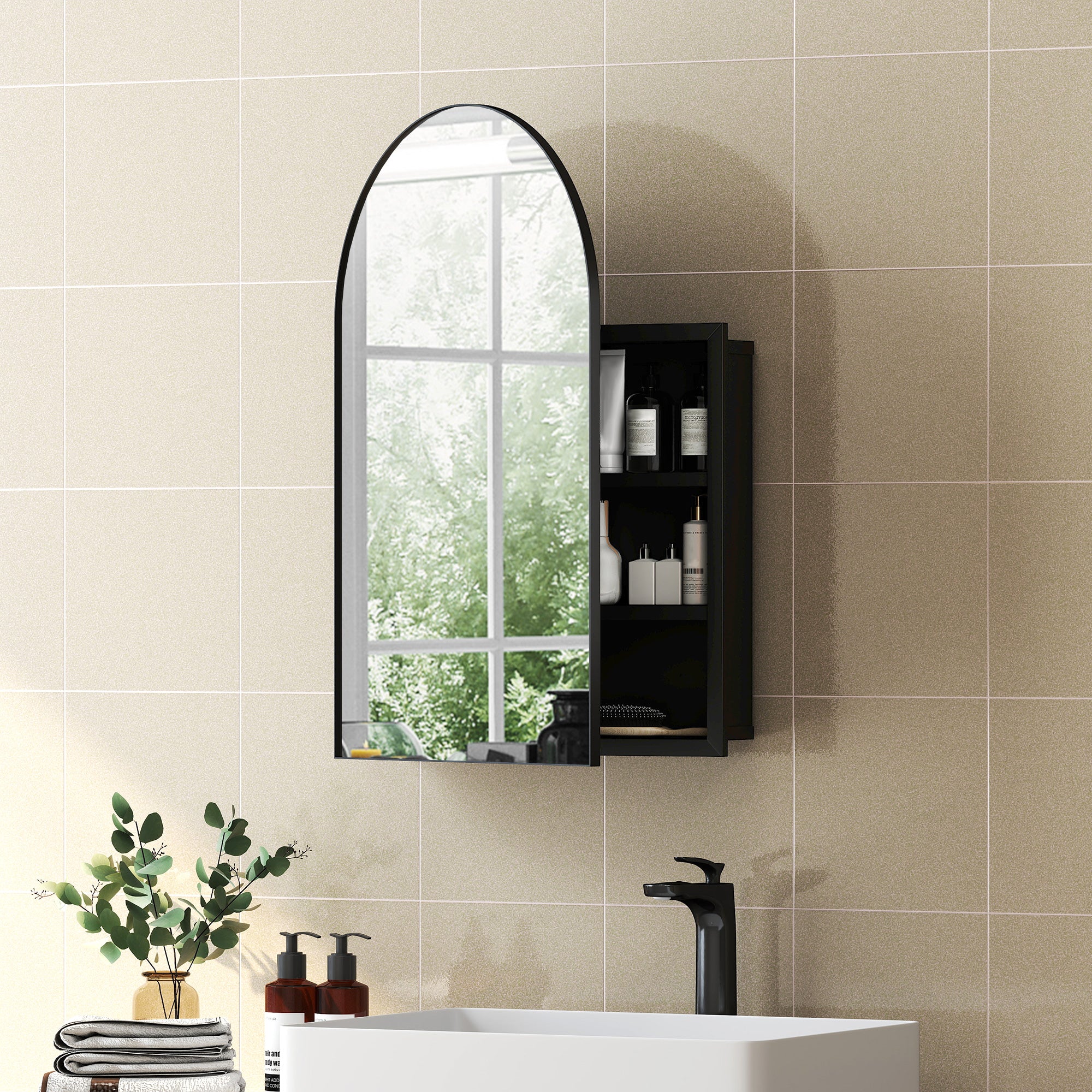 HOMCOM Bathroom Mirror Cabinet with Mirror, Arched Wall Mounted Bathroom Cabinet with Storage Shelves, Black 