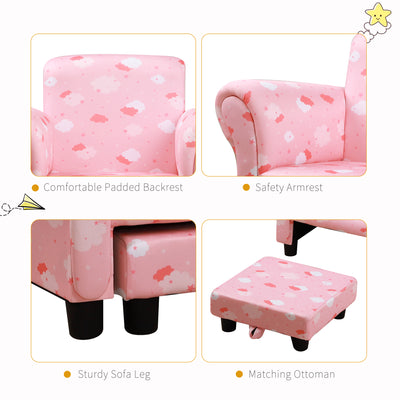 HOMCOM Toddler Chair Children's Armchairs Wood Frame w/ Footrest Anti-Slip Legs High Back Arms for Bedroom Playroom Cute Cloud Star Pink 