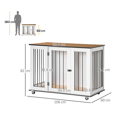 PawHut Dog Crate Furniture, Dog Cage End Table with Wheels, Lockable Door, for Medium Dogs, 106 x 60 x 82 cm - White 