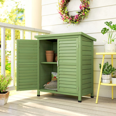 Outsunny Garden Shed Wooden Garden Storage Shed 2 Door Unit Solid Fir Wood Garage Tool Organisation Cabinet, 87L x 46.5W x 96.5Hcm, Green 