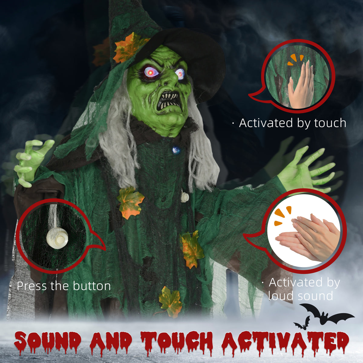 HOMCOM 6ft Halloween Witch Decoration, Outdoor Activated Prop with Light Up Eyes Magical Heart, Sound Activated 