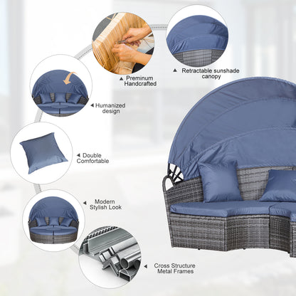 Outsunny PE Rattan Lounge Set, 5 Pieces Patio Conversation Furniture Set, Garden Round Sofa Bed with Cushion and Retractable Canopy, Grey 