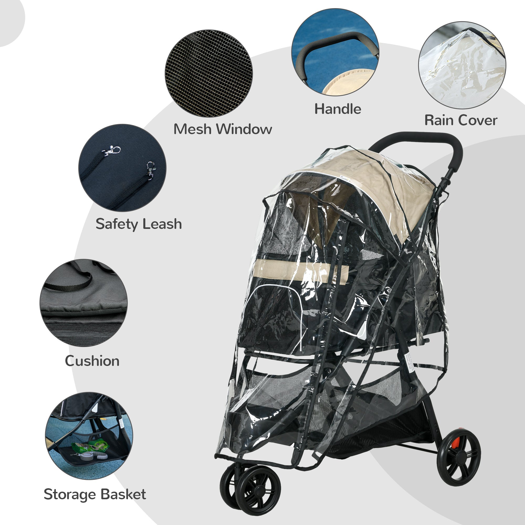 PawHut Foldable Pet Stroller w/ Rain Cover, for XS Dogs, S Dogs - Khaki 