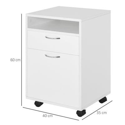 HOMCOM 60cm Filing Cabinet with Drawer, Open Shelf, Metal Handles and 4 Wheels, Office Home Organiser Mobile Printer, White 