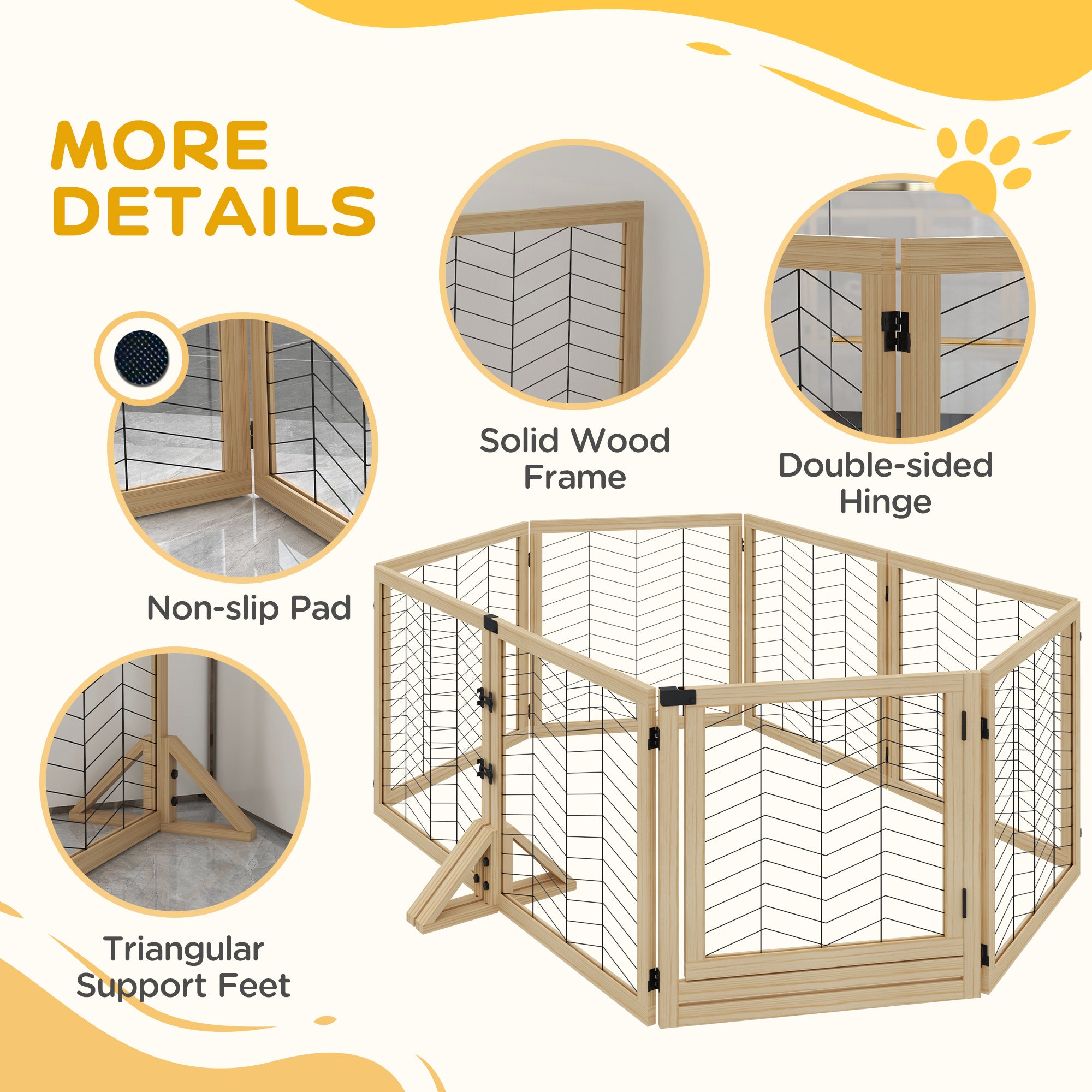 PawHut 8 Panels Foldable Pet Gate with Support Feet, for House, Doorway, Stairs, Small and Medium Dogs - Natural Wood 