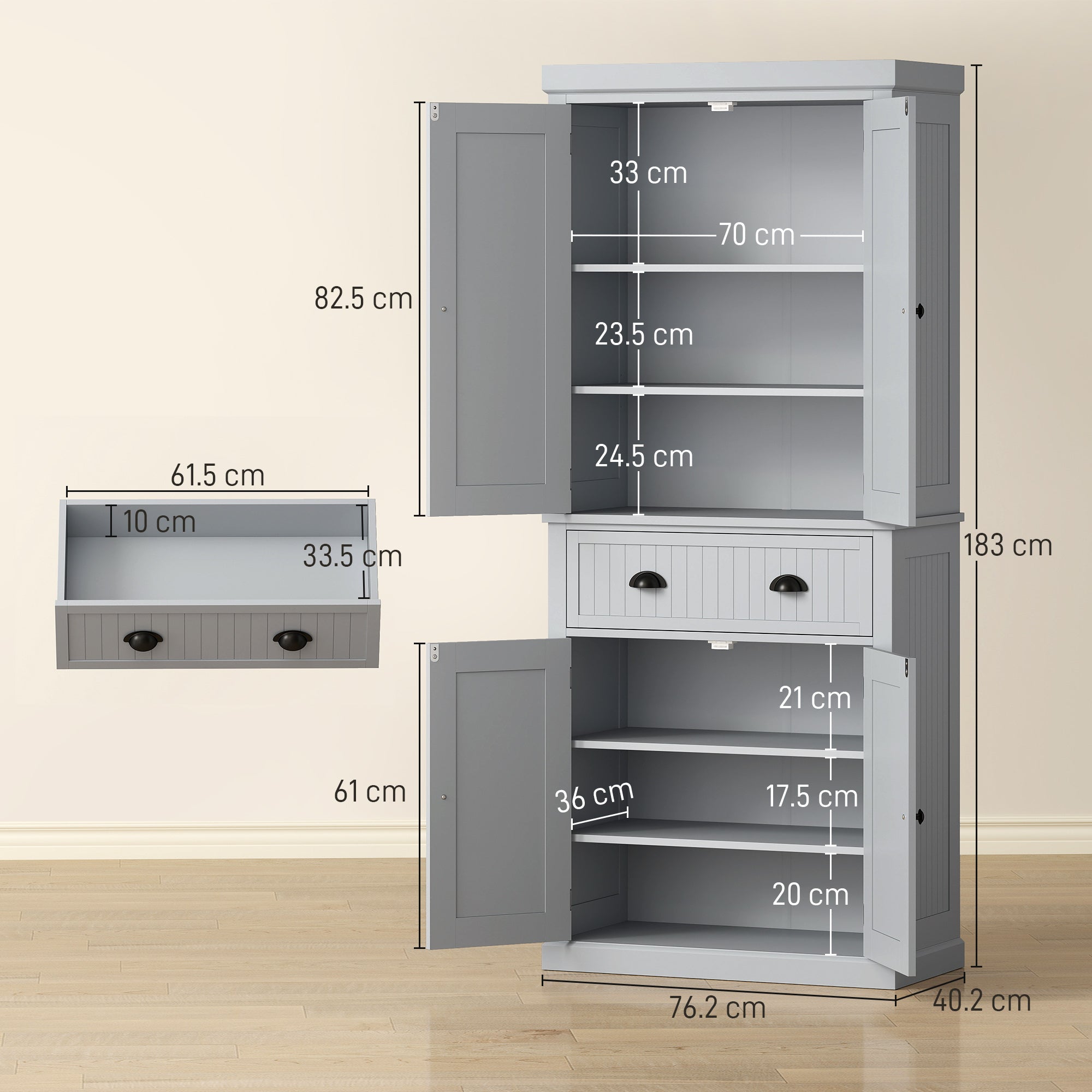 HOMCOM Multi-Storage Mid-Century Kitchen Cabinet - Grey 