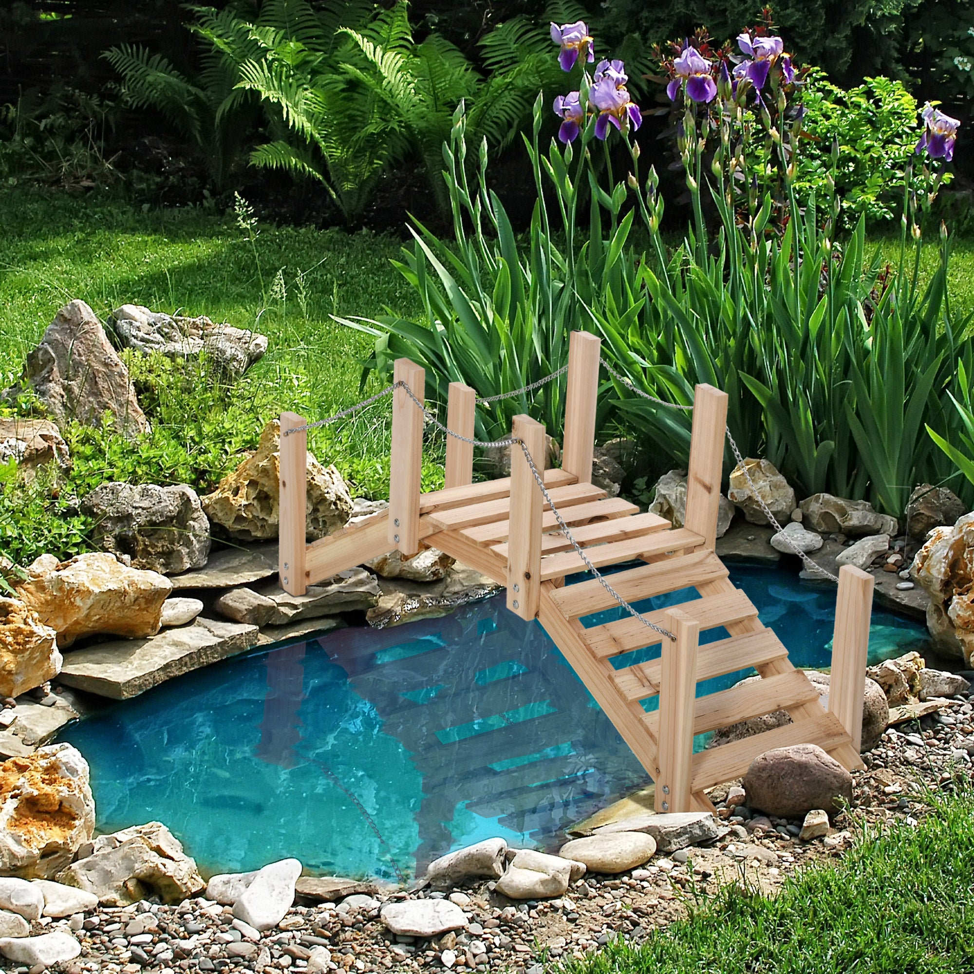 Outsunny Small Fir Wooden Garden Bridge, Arch Walkway with Metal Chain Railings for Landscape Creek Pond, Natural Wood 