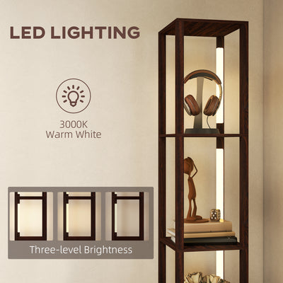 HOMCOM Floor Lamp with Shelves, LED Column Modern Standing Lamp with Fabric Drawer, Adjustable Brightness, Foot Switch for Living Room, Bedroom, Office, Dark Brown 