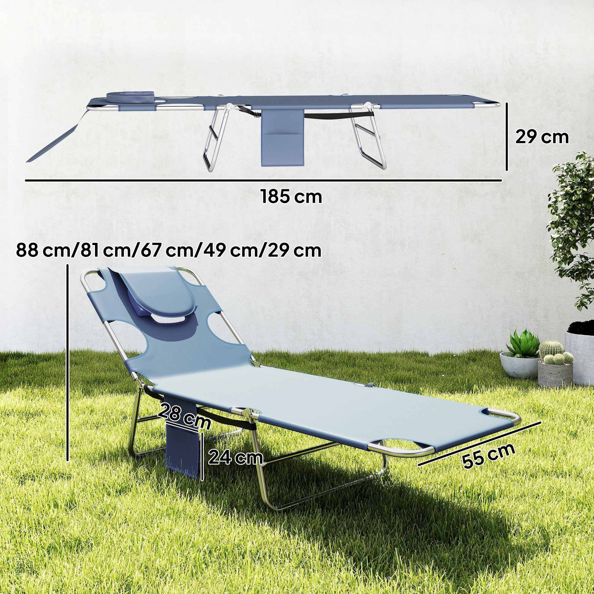 Outsunny 5-Position Adjustable Sun Loungers Set of 2 with Reading Hole and Side Pocket, Grey 