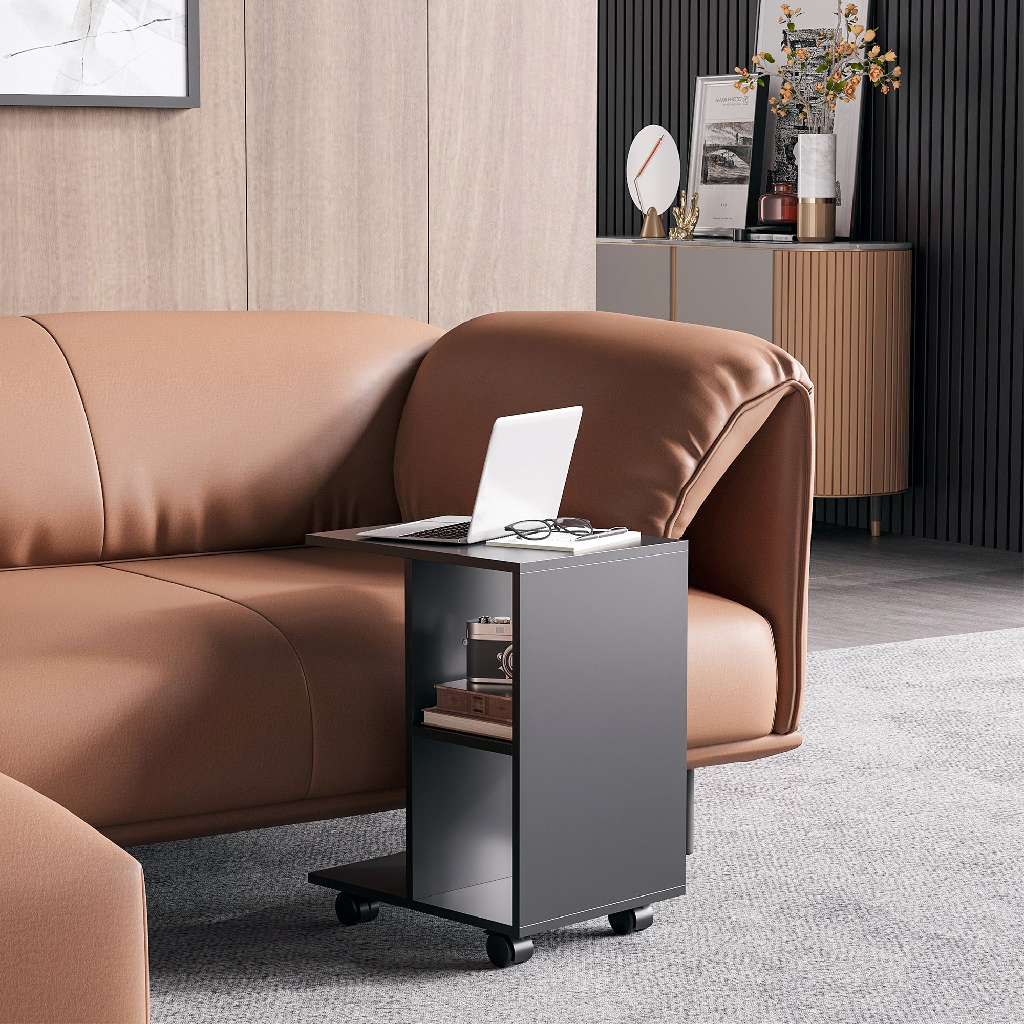HOMCOM C-Shape End Table Unique Storage Unit w/ 2 Shelves 4 Wheels Freestanding Home Furniture Cabinet Square Black 