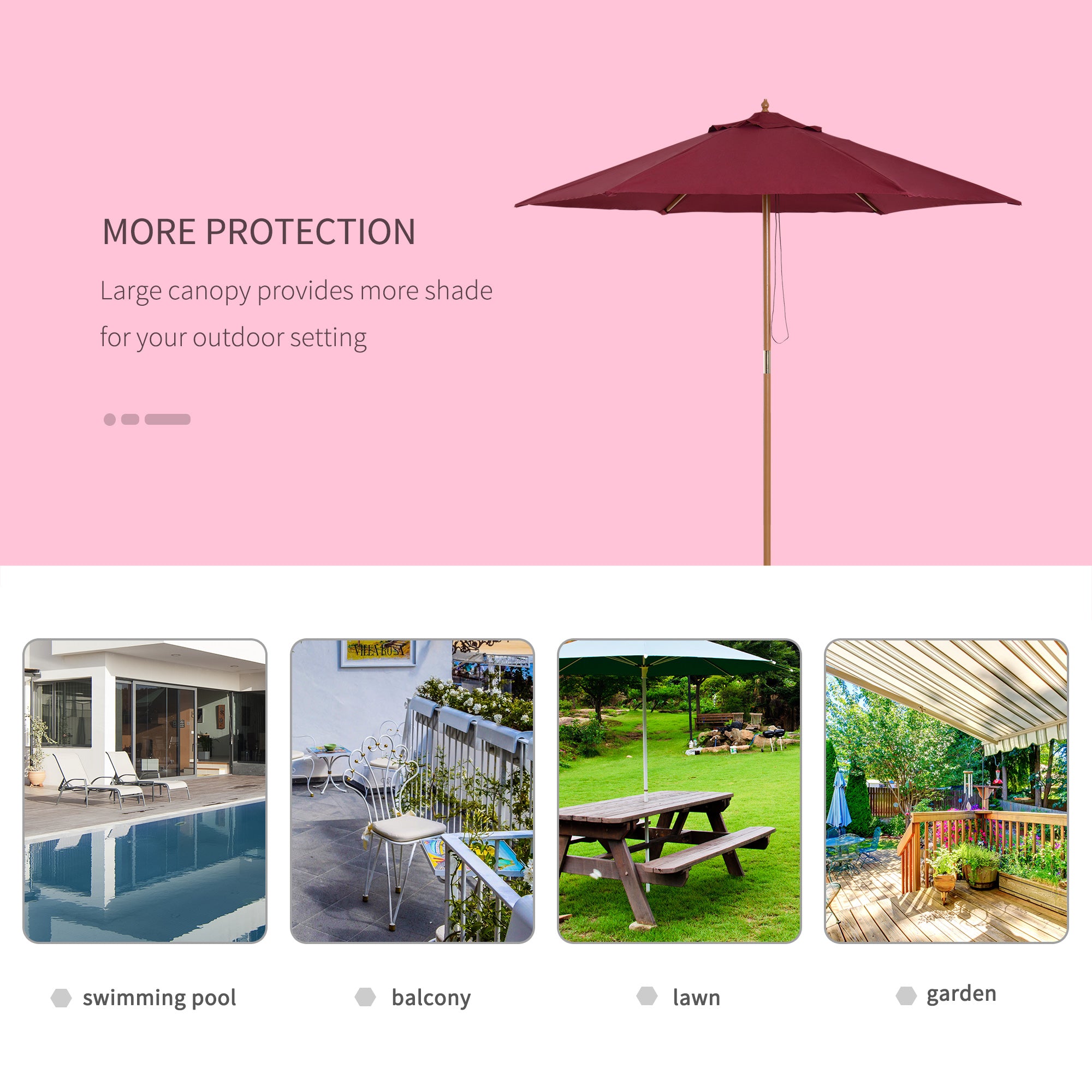 Outsunny 2.5m Wood Garden Parasol Sun Shade Patio Outdoor Wooden Umbrella Canopy Wine Red 