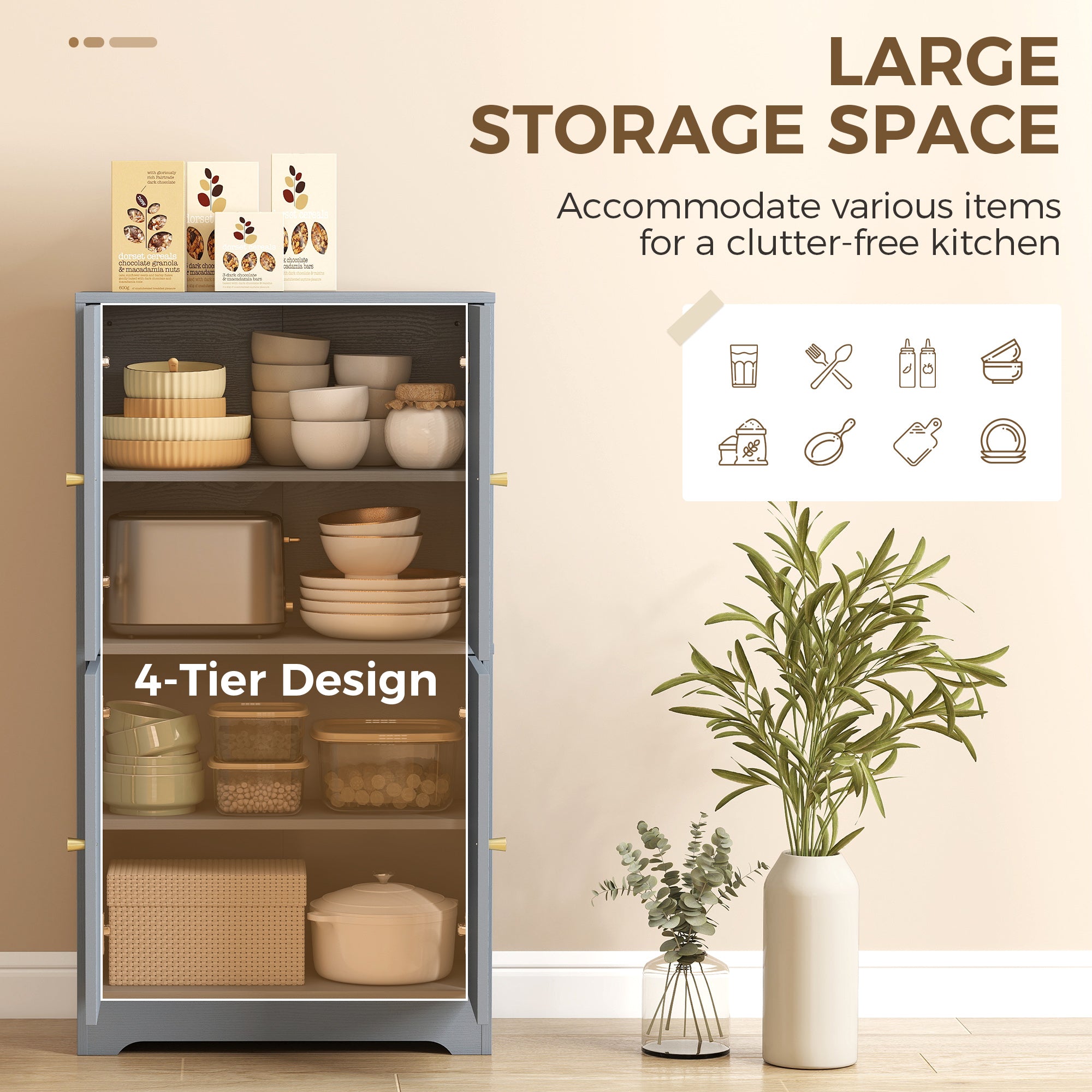 HOMCOM 4-Door Kitchen Storage Cabinet with Adjustable Shelves - Grey 