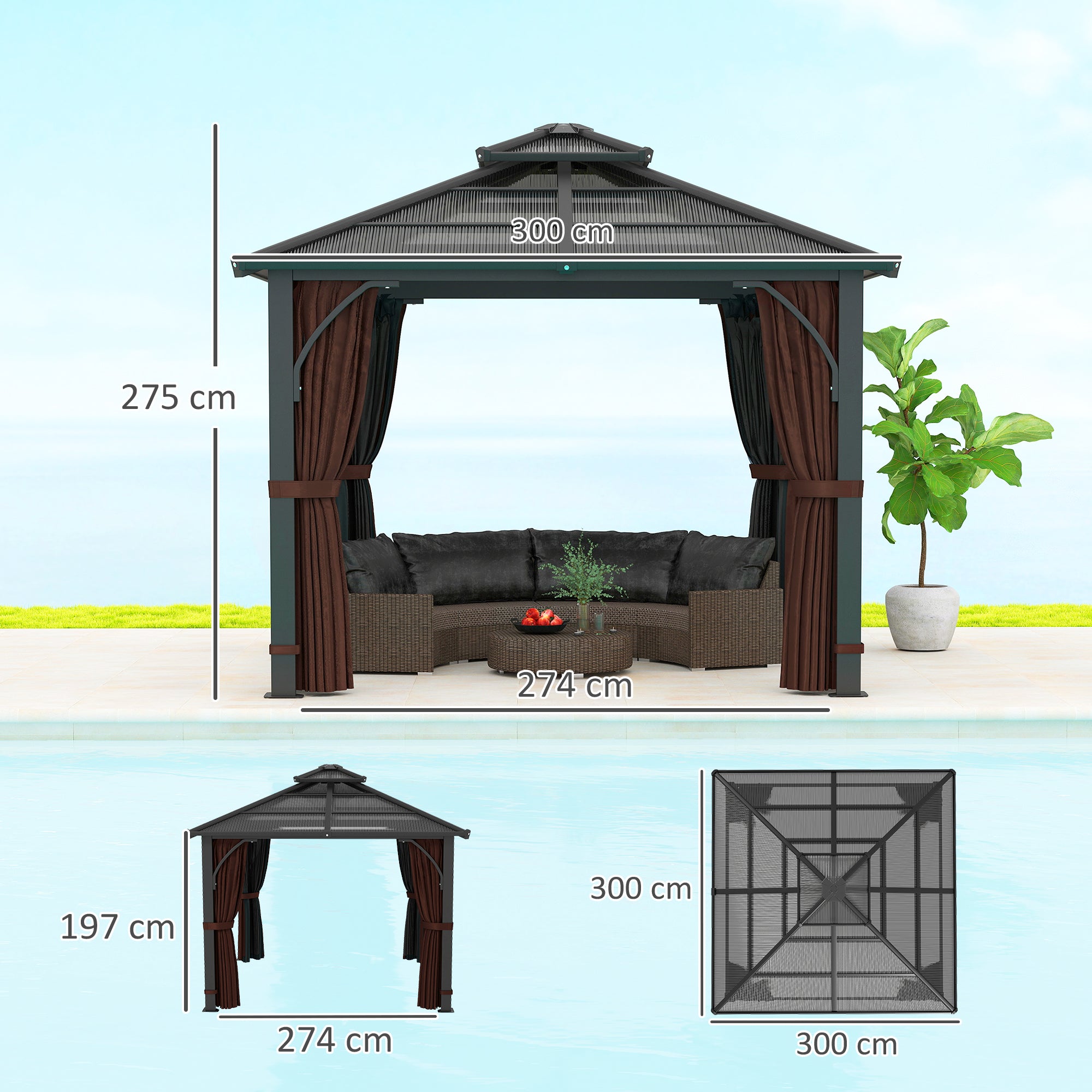 Outsunny 3 x 3(m) Hardtop Gazebo Canopy with 7mm Double Polycarbonate Roof, Garden Gazebo Permanent Pavilion with Mosquito Netting and Curtains for Patio, Deck, Brown