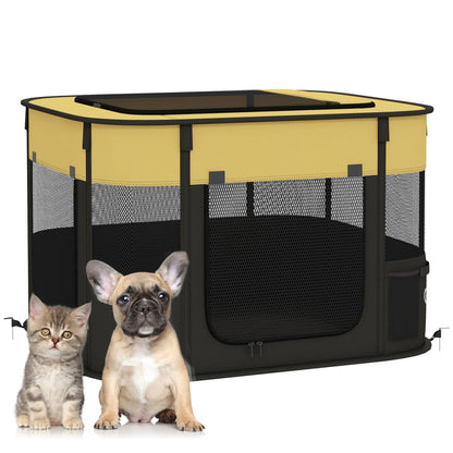 PawHut Foldable Dog Pen with Storage Bag for Indoor/Outdoor Use, Portable Pet playpen, with Ground Stakes - Yellow