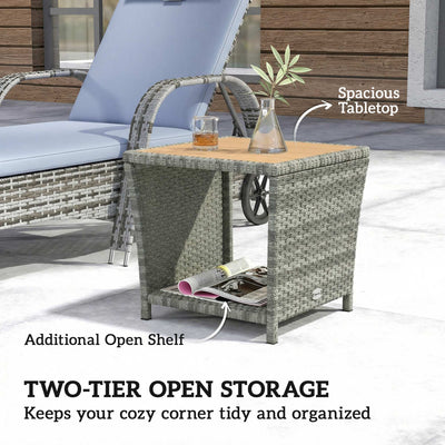 Outsunny Side Table 2-Tier Outdoor Coffee Table with Storage Shelf PS Wood Slat Top/Light Grey 