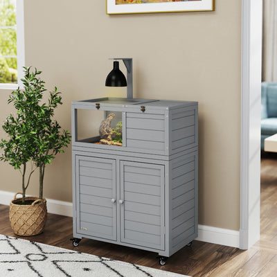 PawHut Wooden Tortoise House with Storage Cabinet, Openable Top, Lamp Holder, Transparent Observation Windows, Light Grey 