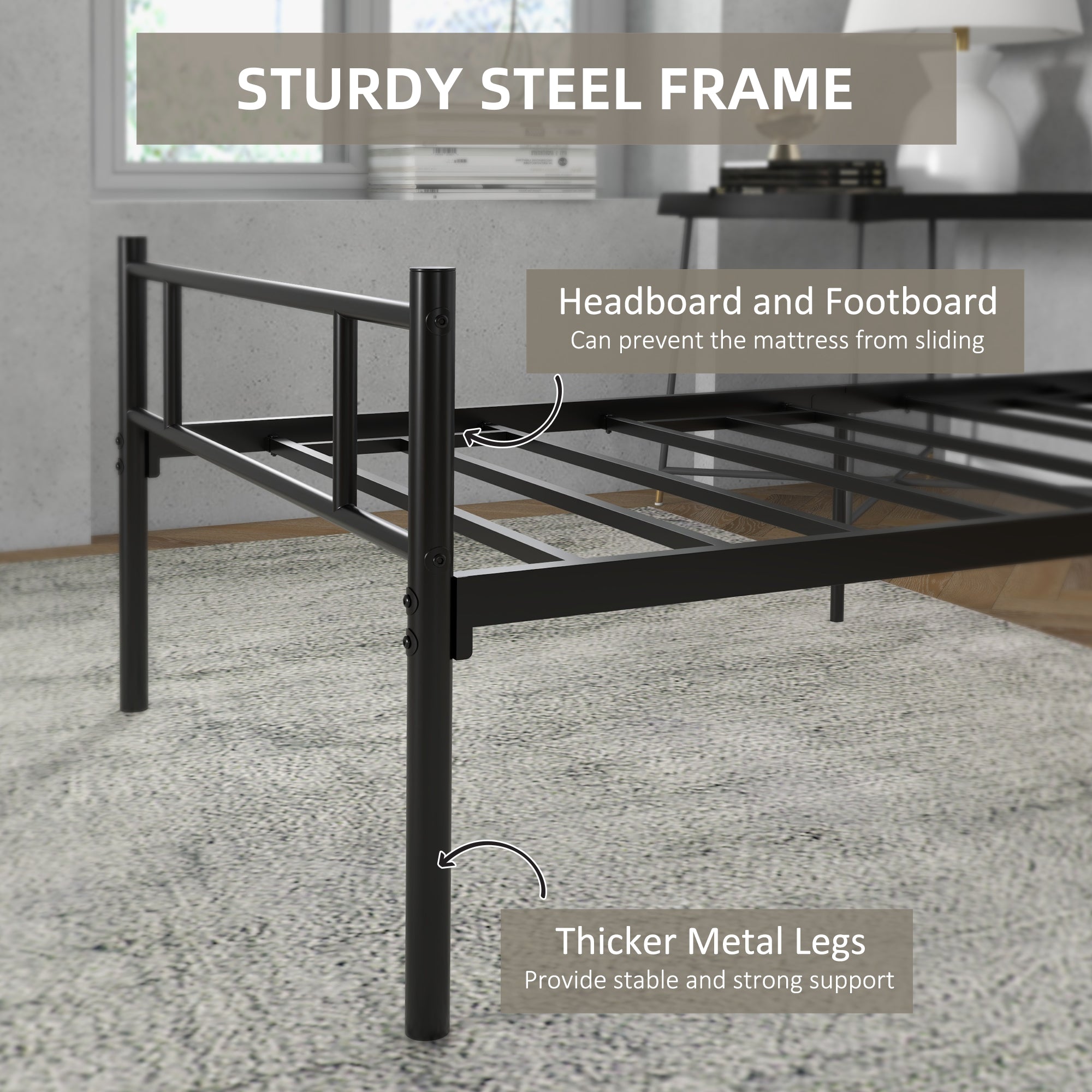 HOMCOM Single Metal Bed Frame Solid Bedstead Base with Headboard and Footboard, Metal Slat Support and Underbed Storage Space, Bedroom Furniture, Black 