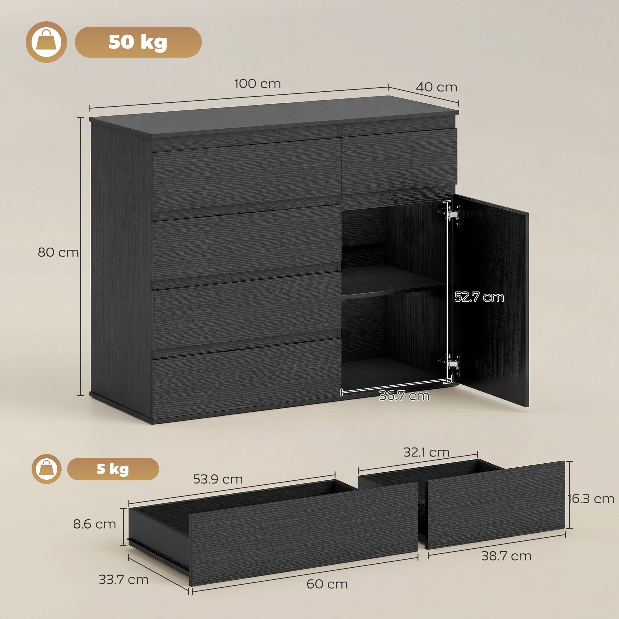 HOMCOM Modern Chest Of Drawers, 5 Drawer Dresser with Adjustable Shelf, Soft-Close Door, Black 