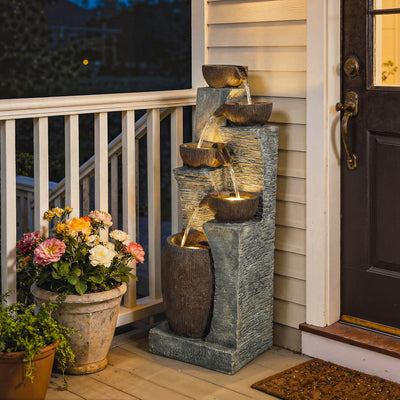 Outsunny Outdoor Fountain with 5-Tier, Garden Fountain with LED Lights, Adjustable Flow, Grey and Rustic Brown 