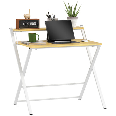 HOMCOM Compact Folding Desk for Small Spaces, Foldable Computer Desk with Storage Shelf for Home Office, 2-Tier Study Writing Table, 86 x 66 x 82 cm, Maple Wood-effect 