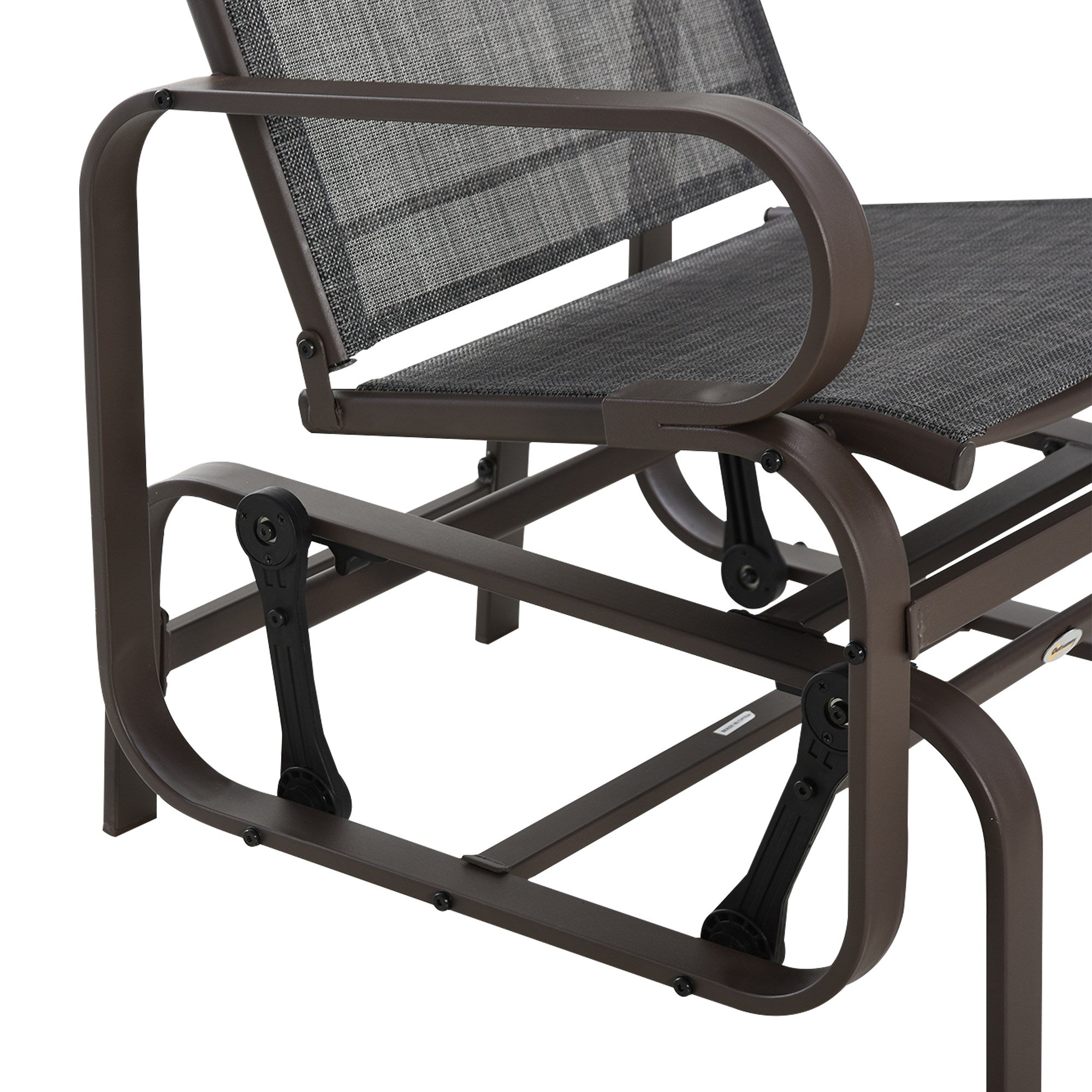 Outsunny 3 Pieces Garden Gliding Chair Set, Metal Frame 2 Single Armchair Swing Seater and 1 Glass Top Coffee Table w/ Breath Mesh Fabric Seat, Brown 