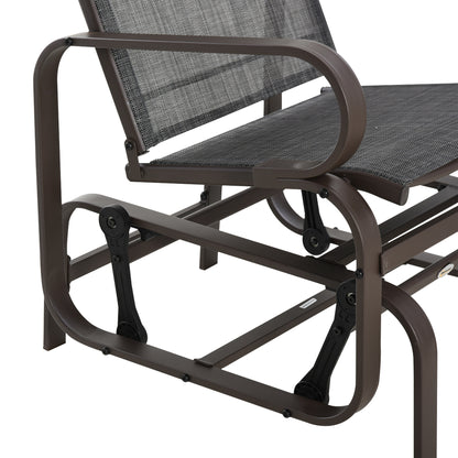 Outsunny 3 Pieces Garden Gliding Chair Set, Metal Frame 2 Single Armchair Swing Seater and 1 Glass Top Coffee Table w/ Breath Mesh Fabric Seat, Brown 