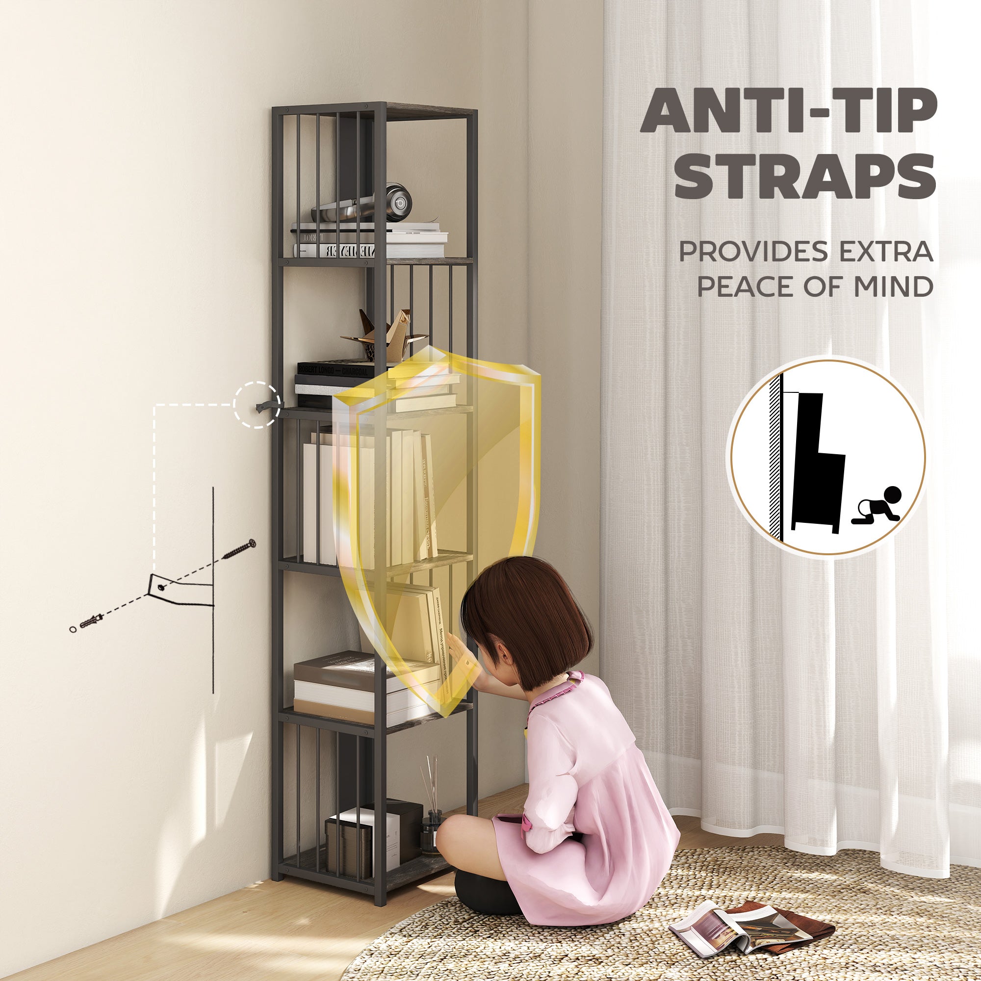 HOMCOM 5-Tier Bookshelf with Steel Frame - Grey