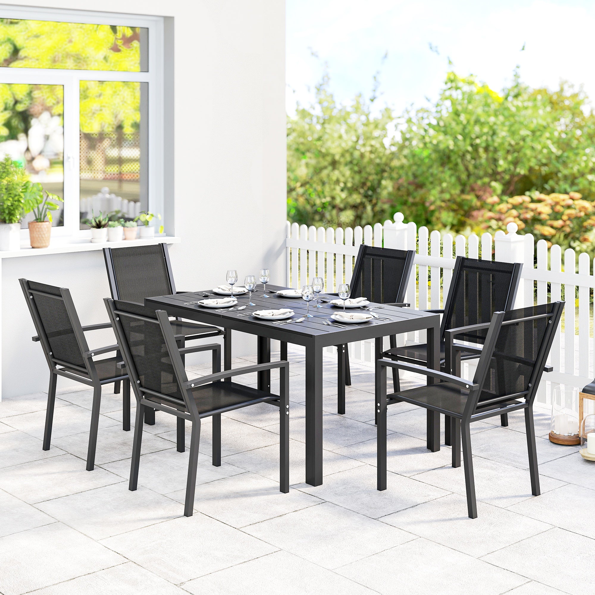 Outsunny Seven-Piece Garden Dining Set, with Plastic Wood-Top Table - Black 