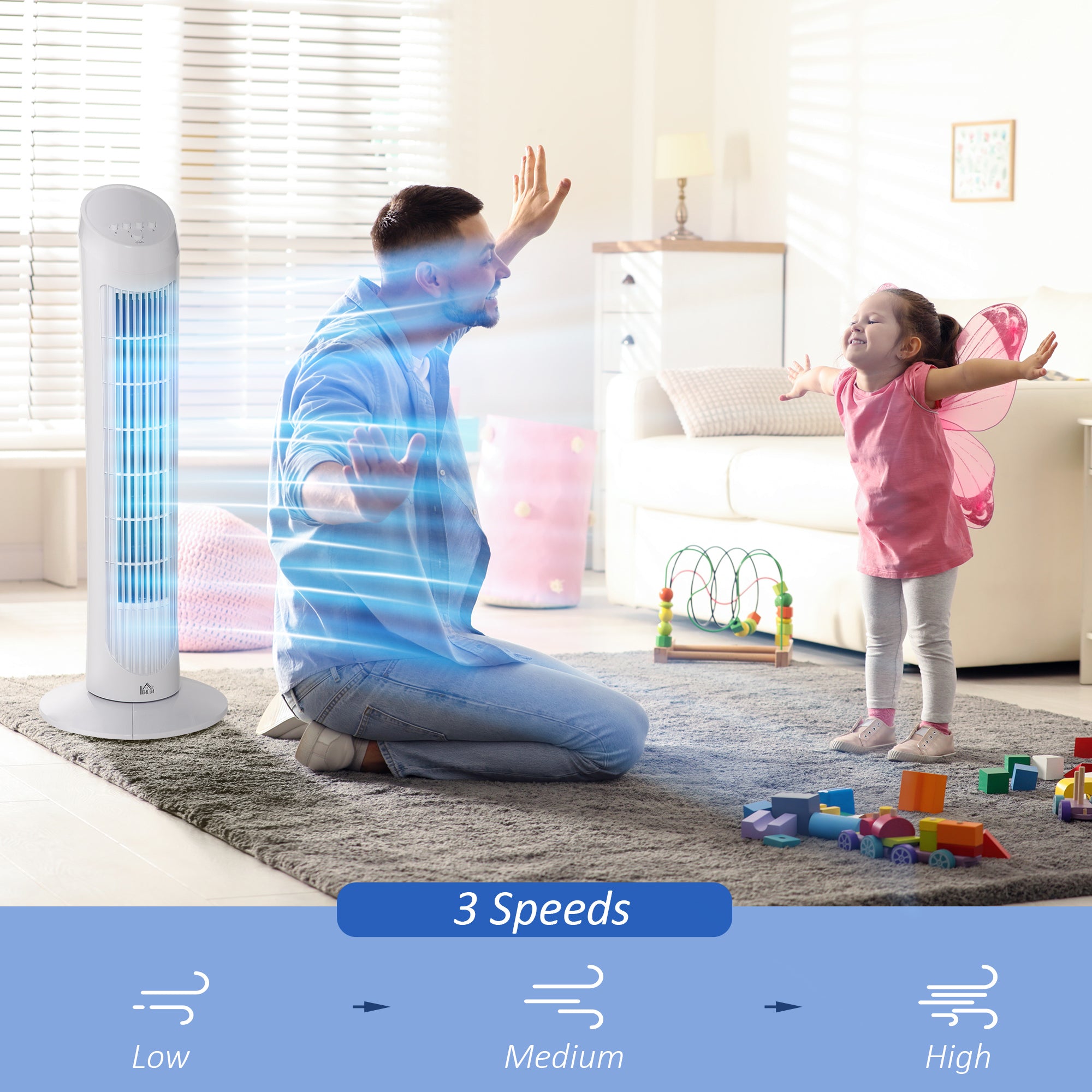 HOMCOM Tower Fan for Bedroom Cooling, 30 Inch Electric 70° Oscillating Fan with 3 Speed Settings, Standing Floor Fan for Home Office Indoor, White 