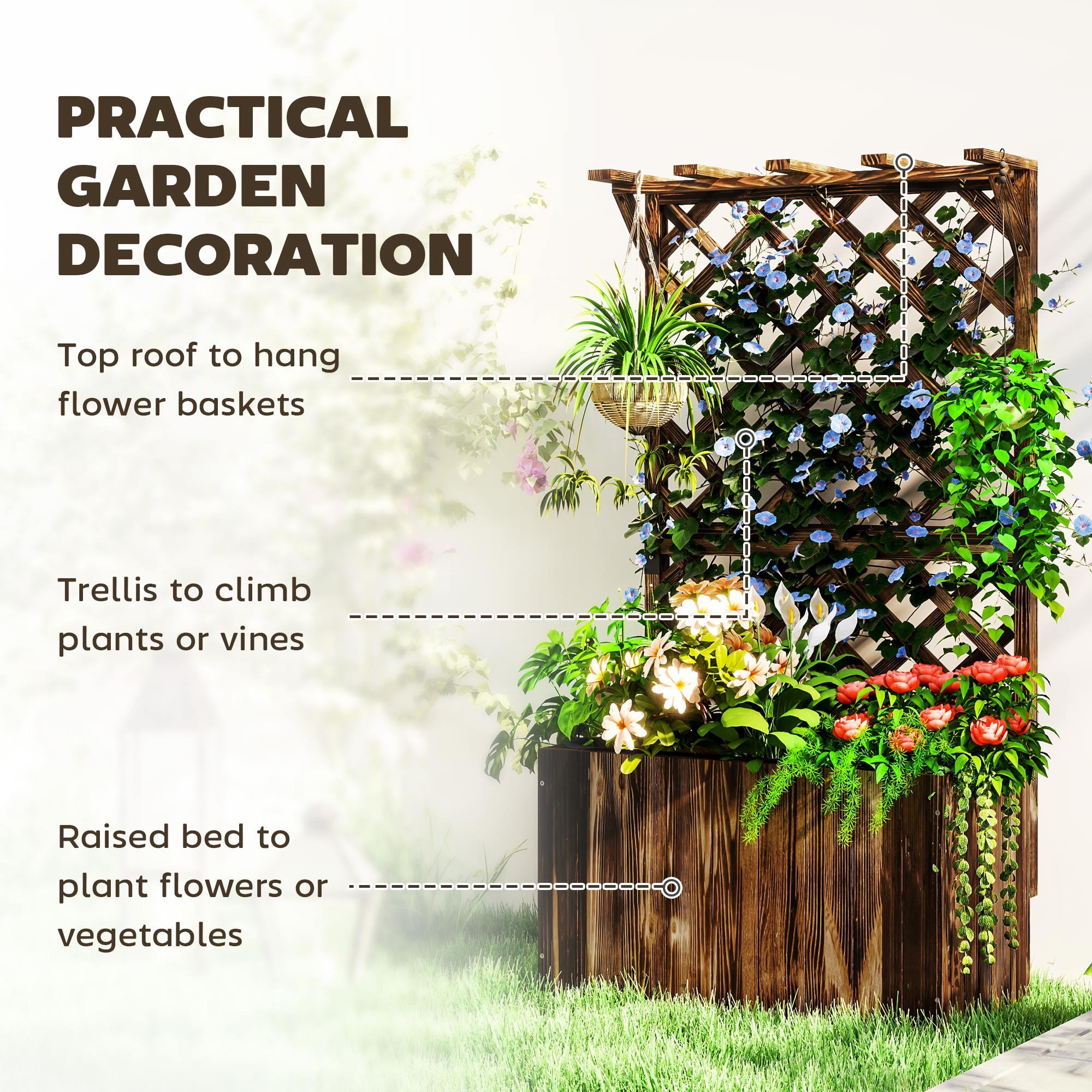 Outsunny Wooden Planter with Trellis, Freestanding Raised Garden Bed with Drainage Holes, Outdoor Planter Box with Liner for Vegetables, Herbs and Flowers, Carbonised 