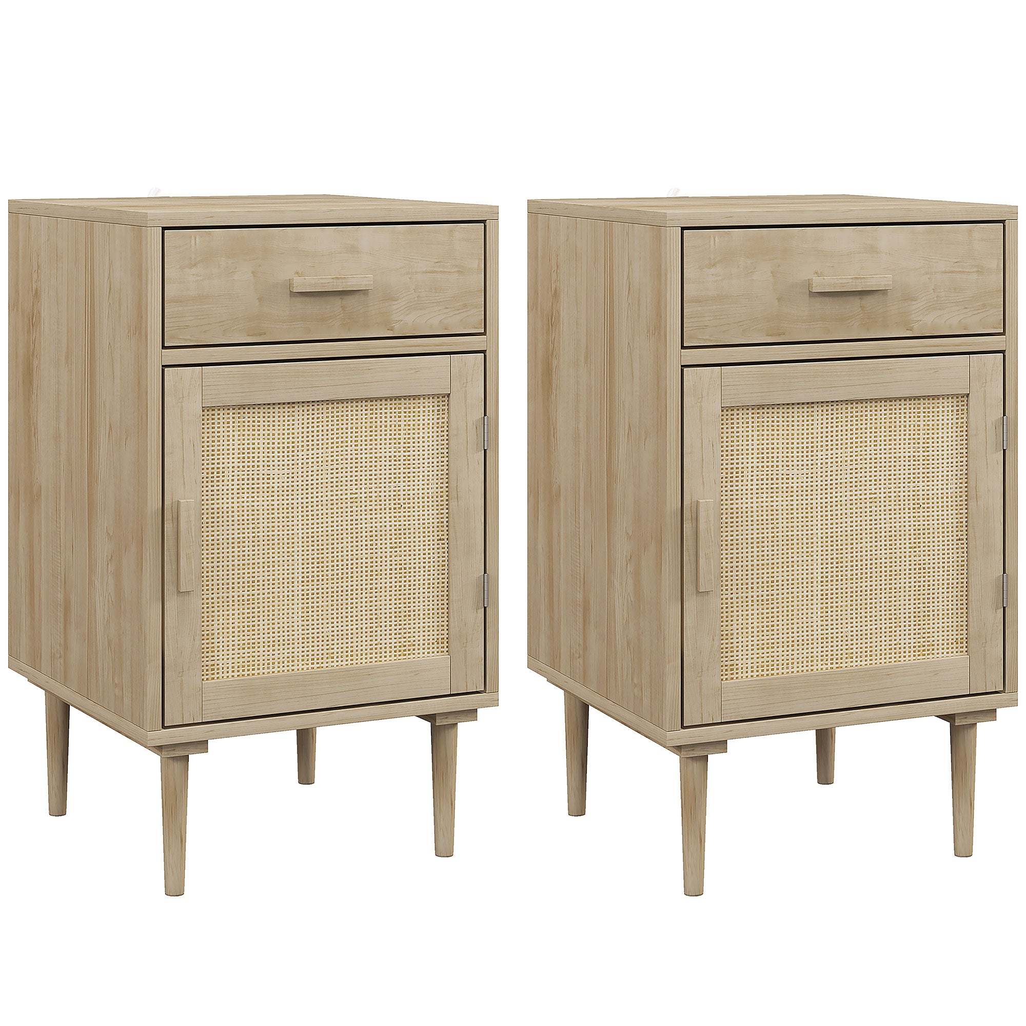 HOMCOM Bedside Tables Set of 2, Rattan Side Tables with Drawer, Cabinet and Adjustable Shelf, Boho Bedside Cabinets with Storage for Bedroom, Living Room, Natural Wood Finish 