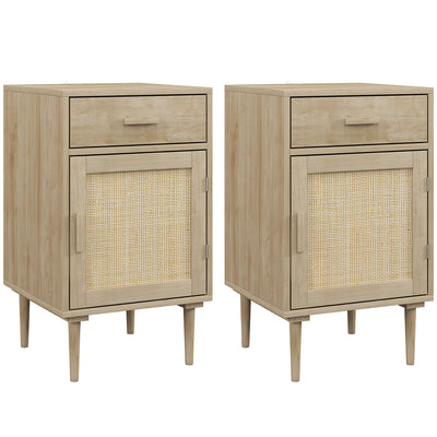 HOMCOM Bedside Tables Set of 2, Rattan Side Tables with Drawer, Cabinet and Adjustable Shelf, Boho Bedside Cabinets with Storage for Bedroom, Living Room, Natural Wood Finish 