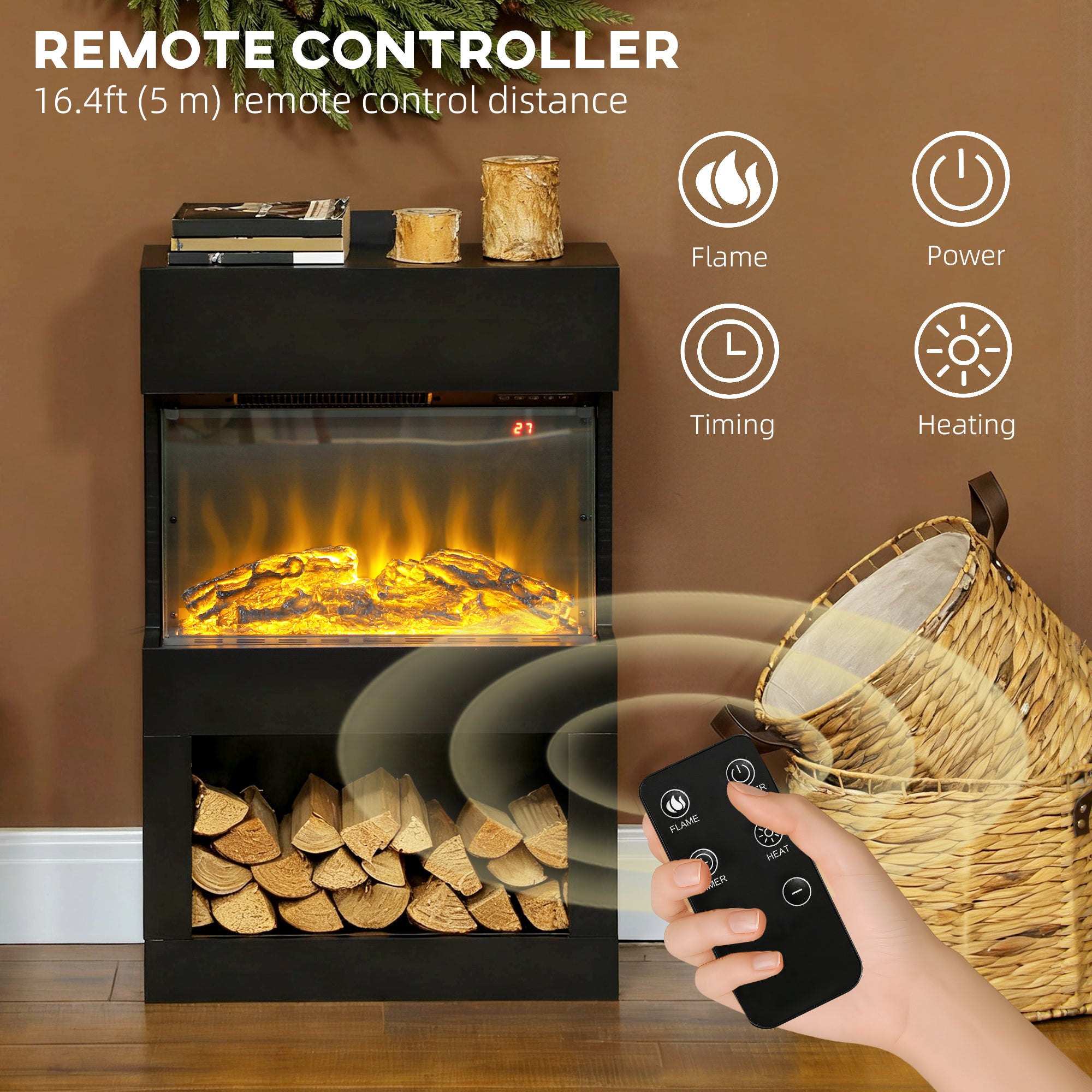 HOMCOM 19" Electric Fireplace with Surround, 3D Flame Effect, 6 Colours & 3 Brightness Levels, 1000W/2000W Black Electric Fire and Mantel Reach up to 30㎡ Space with Remote & Timer, 3 Sided View 