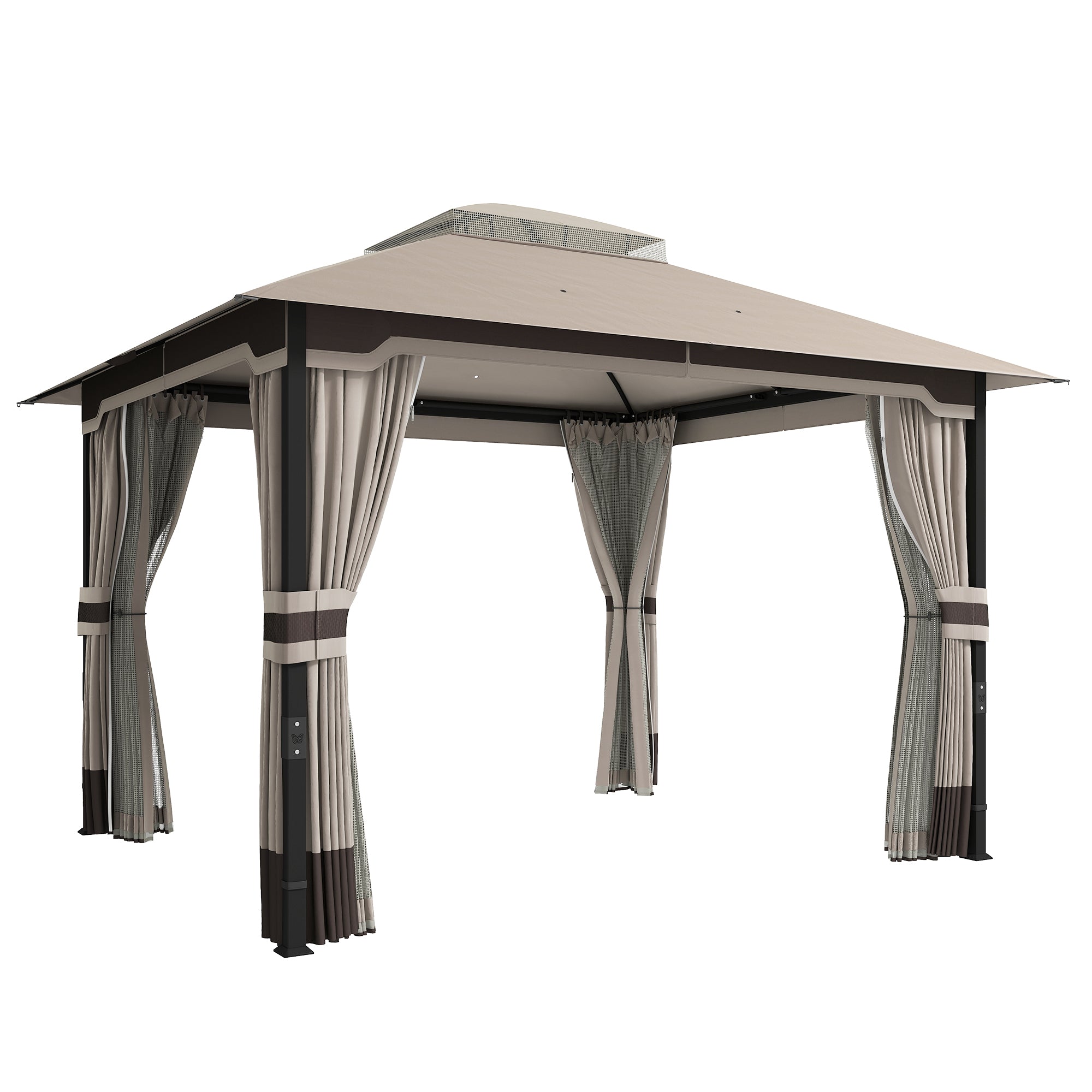 Outsunny 3 x 3.6 m Outdoor Garden Gazebo with Netting and Curtains, Double Roof Patio Gazebo Permanent Pavilion, Khaki 