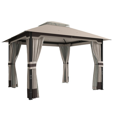 Outsunny 3 x 3.6 m Outdoor Garden Gazebo with Netting and Curtains, Double Roof Patio Gazebo Permanent Pavilion, Khaki 
