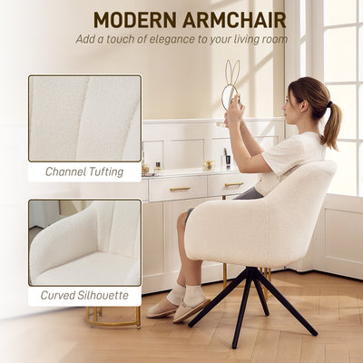 HOMCOM 360 Degree Swivel Accent Chair, Teddy Fleece Fabric Armchair, Upholstered Tufted Vanity Chair with Steel Legs for Living Room, Bedroom, Home Office, White 