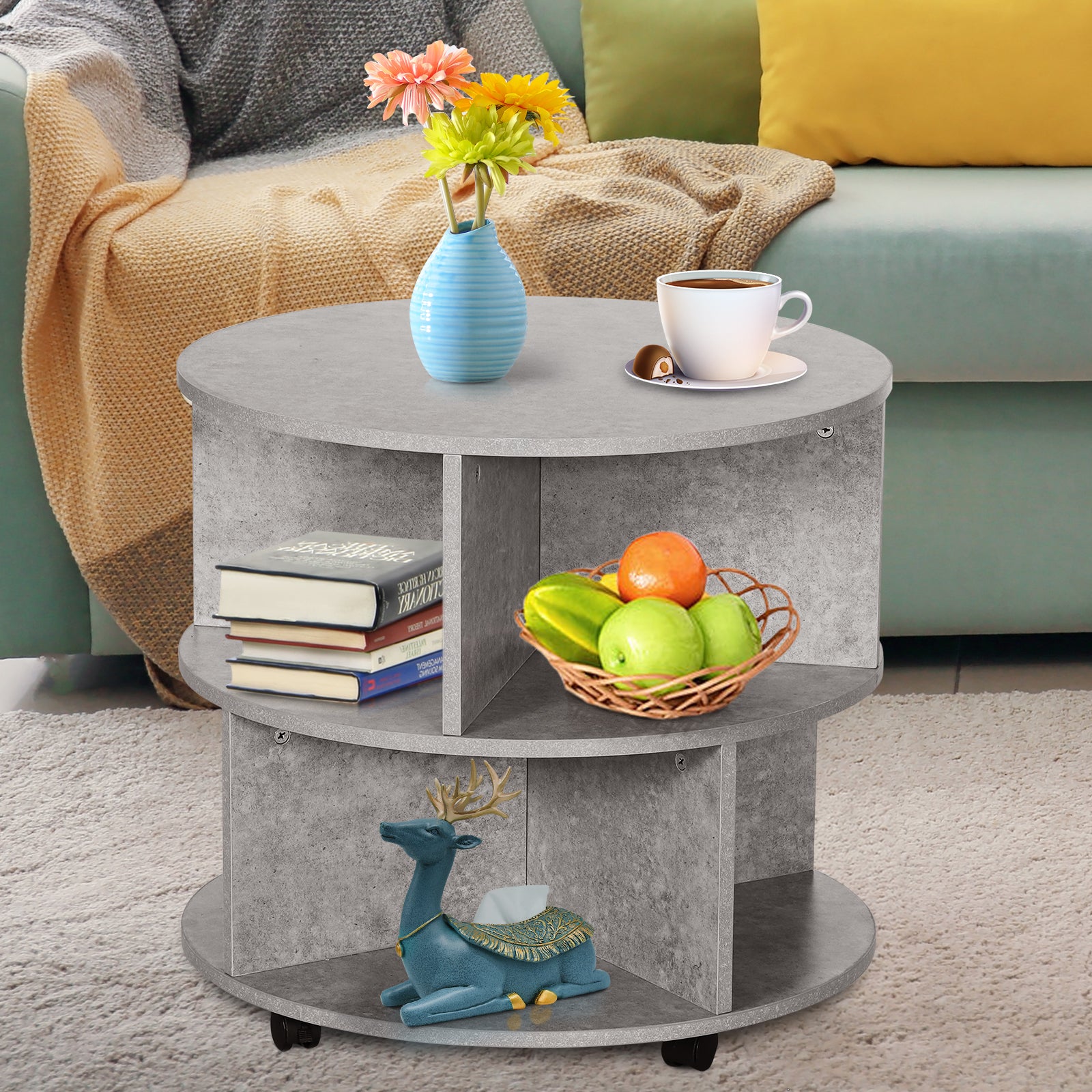 HOMCOM Round Coffee Table with Wheels, 3-Tier Rolling Side Table for Living Room with Divided Shelves, Cement Colour 