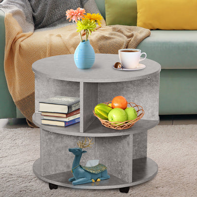 HOMCOM Round Coffee Table with Wheels, 3-Tier Rolling Side Table for Living Room with Divided Shelves, Cement Colour 