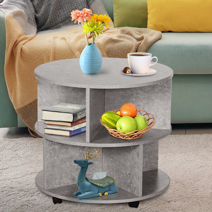 HOMCOM Round Coffee Table with Wheels, 3-Tier Rolling Side Table for Living Room with Divided Shelves, Cement Colour 