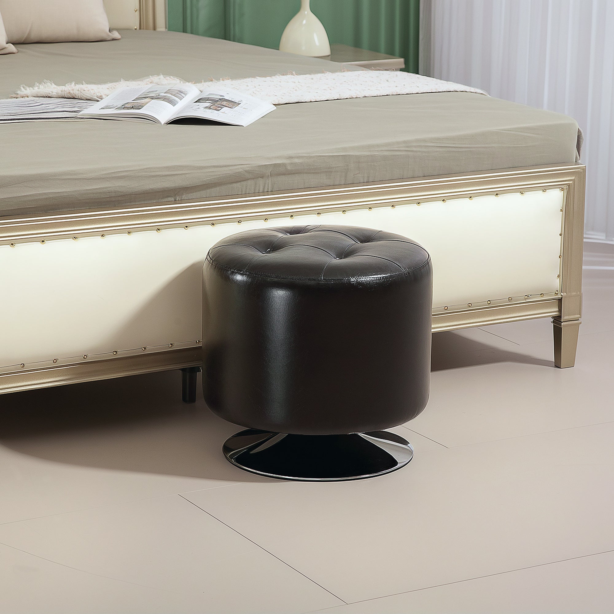 HOMCOM 360\'c2\'b0 Swivel Foot Stool Round PU Footstool with Thick Sponge Padding and Solid Steel Base, Brown