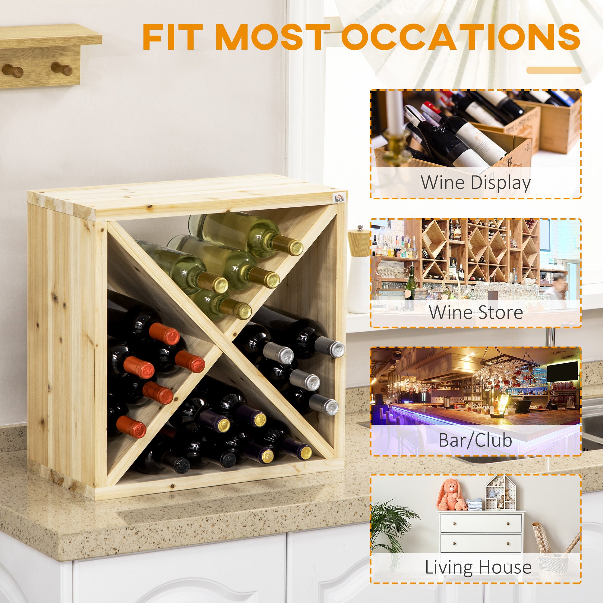 HOMCOM Set of 2 Wooden Wine Rack, X-Shaped Square Tabletop Storage Holder for 24 Bottle, Natural Wood 