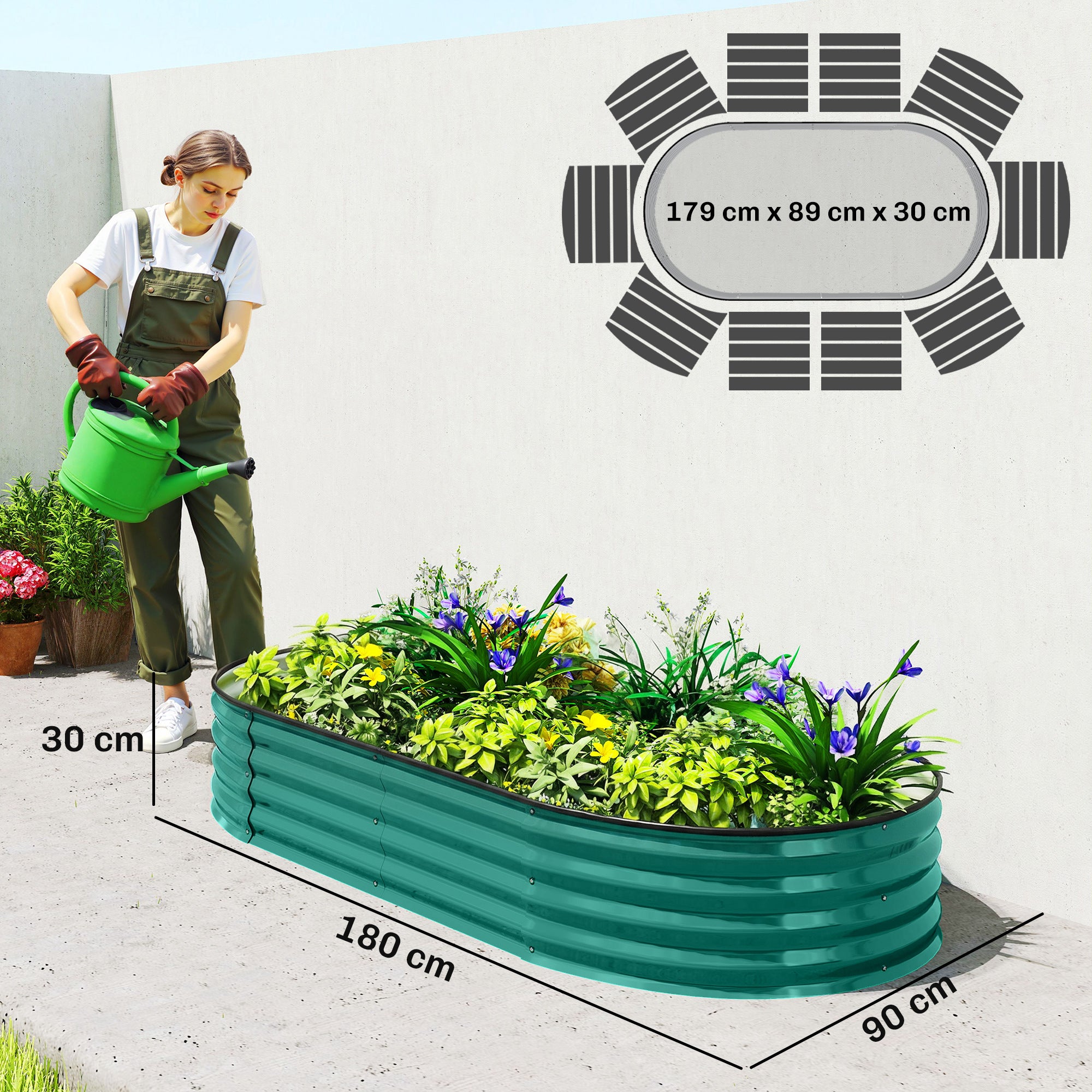 Outsunny Galvanised Raised Garden Bed, Metal Planter Box with Safety Edging, for Flowers, Herbs, Succulents, Light Green 