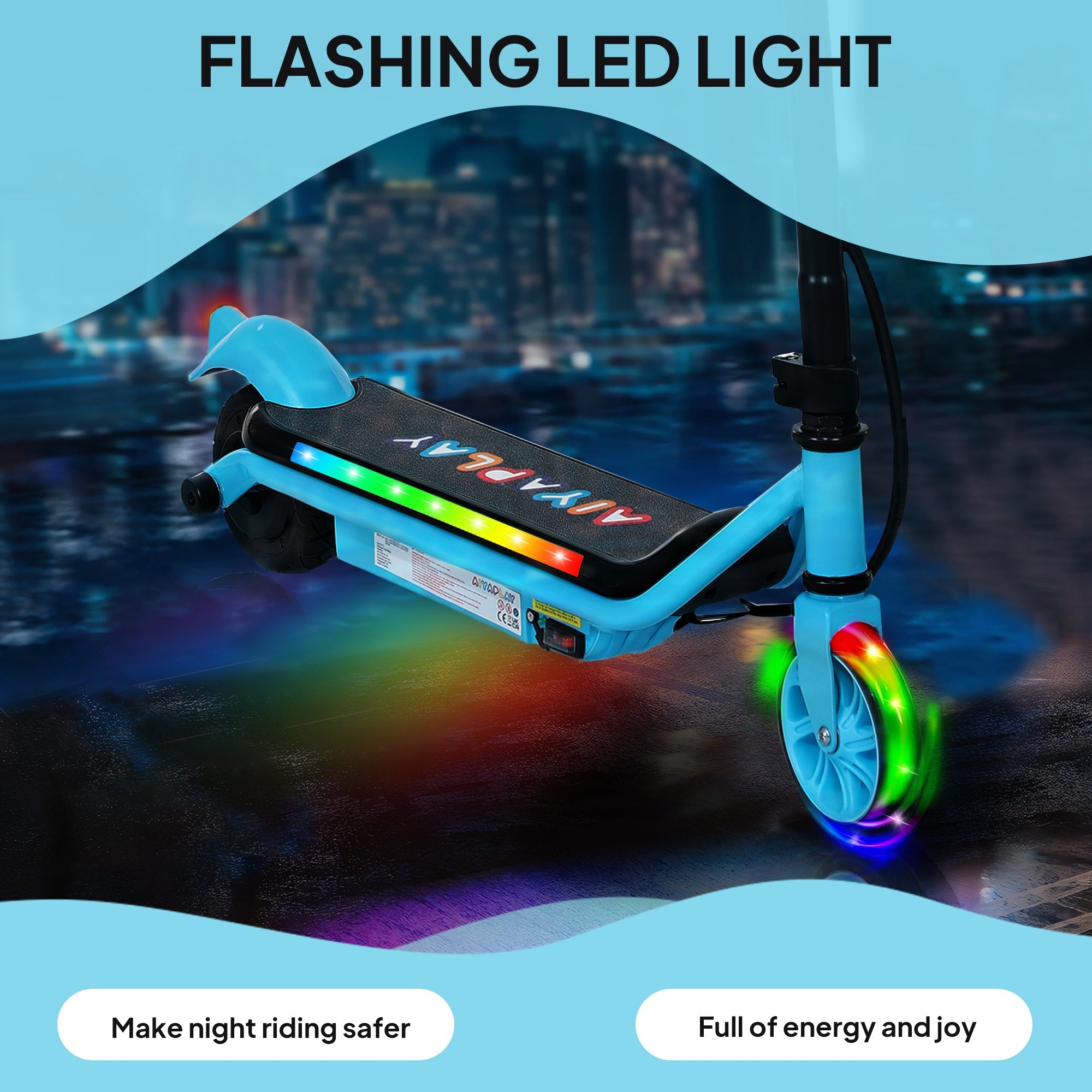AIYAPLAY Electric Scooter for Kids Ages 6-14, with Dual Brakes, Flash Wheel and Colourful Light, Kids Electric Scooter E Scooter, Up to 12 KM/H & 10 KM, Blue 