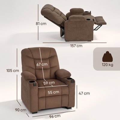 HOMCOM Electric Massage Recliner Armchair with Vibration, Heat, Whisper-Quiet Motor, Memory Function, Fleece Power Reclining Chair with Spring Pack, USB Port, Footrest, Side Pocket, Cup Holders, Brown 