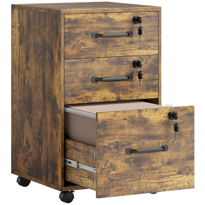 HOMCOM Three Drawer Wood-Effect Filing Cabinet - Rustic Brown 