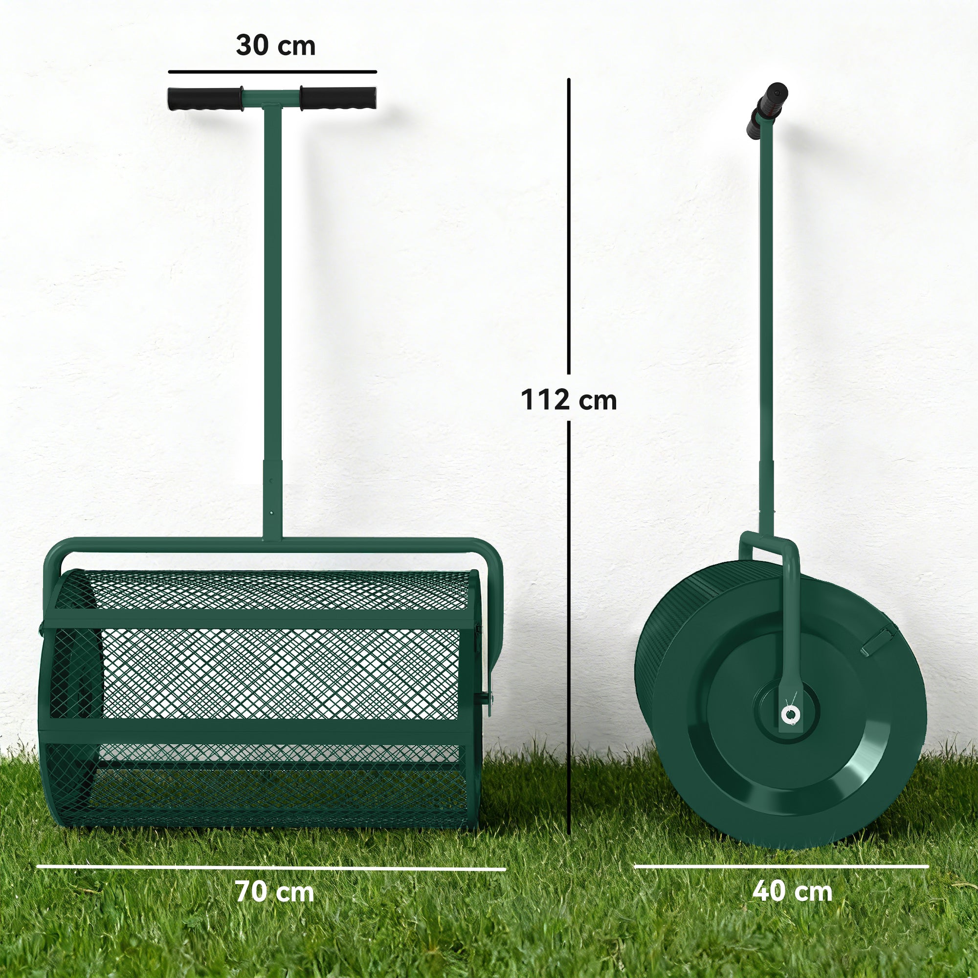 Outsunny Compost Spreader, 24" Peat Moss Spreader with Height Adjustable T Shaped Handle and Metal Mesh Basket, Garden Spreader for Seeding, Spreading Manure, Green 