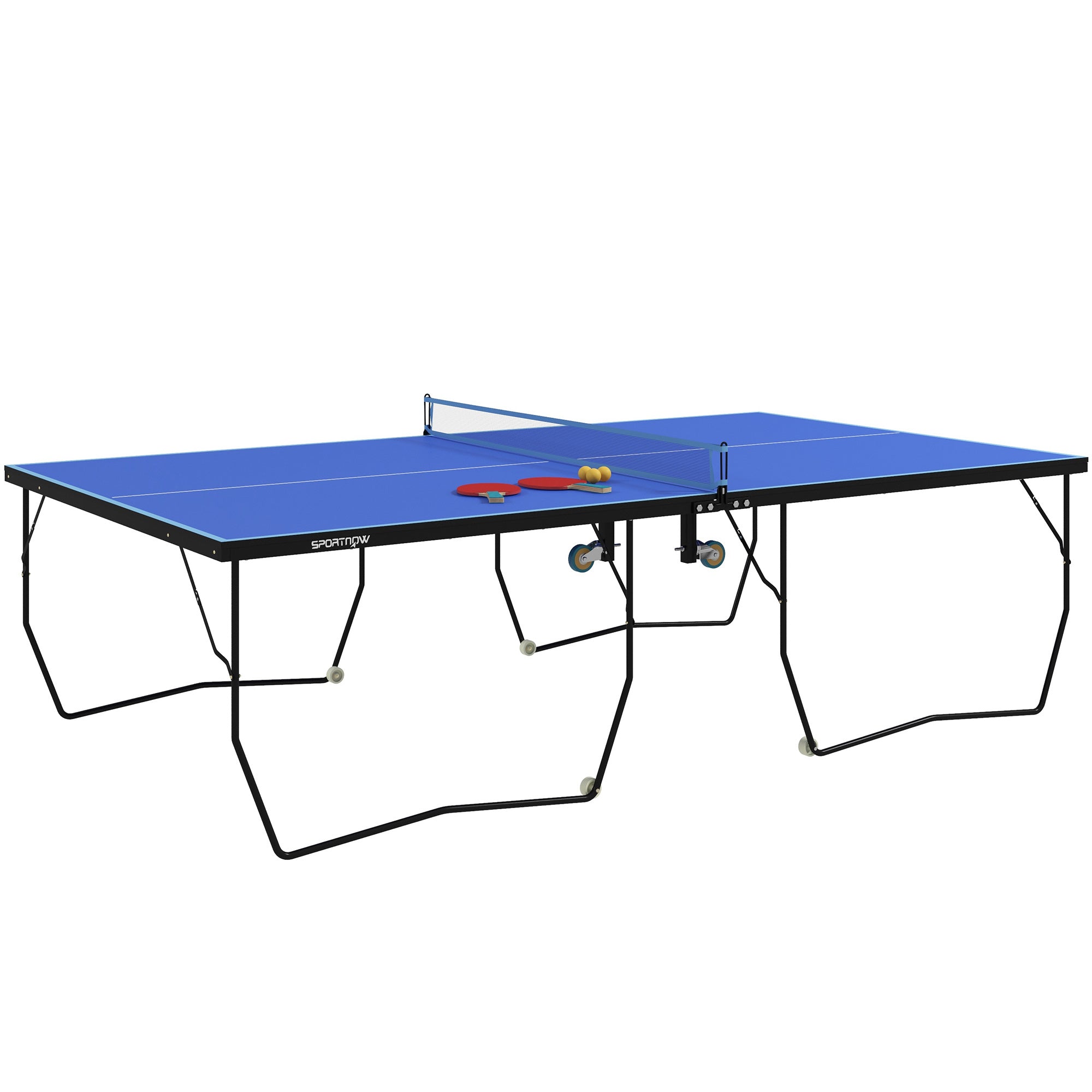 SPORTNOW 9FT Folding Table Tennis Table, with 8 Wheels, for Indoor Use - Blue 