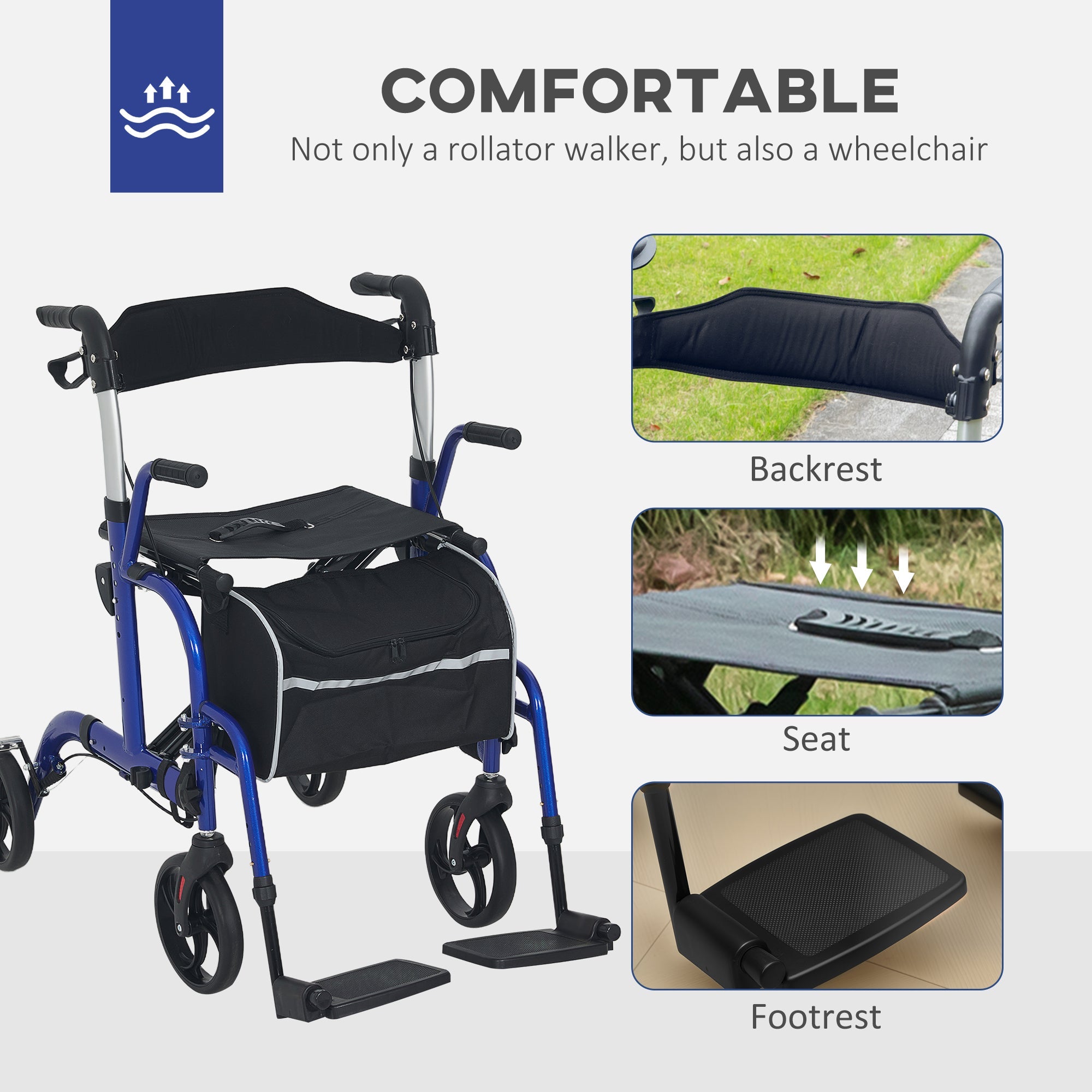 HOMCOM 2 in 1 Wheelchair Transport Chair & Folding Rollator Walker with Seat, Backrest, Footrest, Lightweight Walking Frame with Bag, Adjustable Height, 4 Wheeled Walker for Seniors, Pearl Blue 