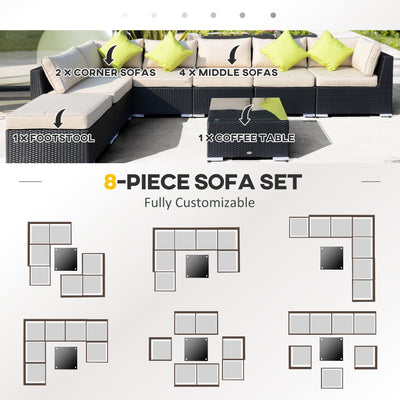 Outsunny 8 Pieces PE Rattan Corner Sofa Set with Thick Cushions, Aluminium Outdoor Rattan Garden Furniture Set with Glass Top Table, No Assembly Required, Black 
