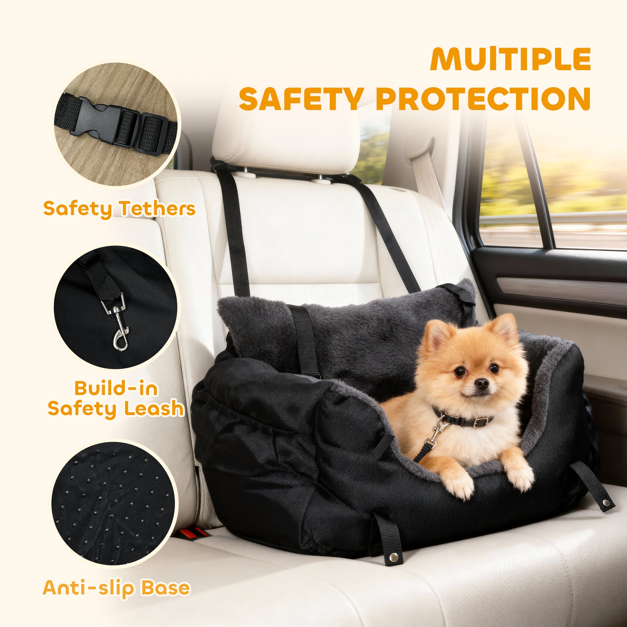 PawHut Dog Car Seat for Small Dogs with Fixed Buckle, Safety Leash, Washable Cover, 58 x 45 x 28 cm, Black 